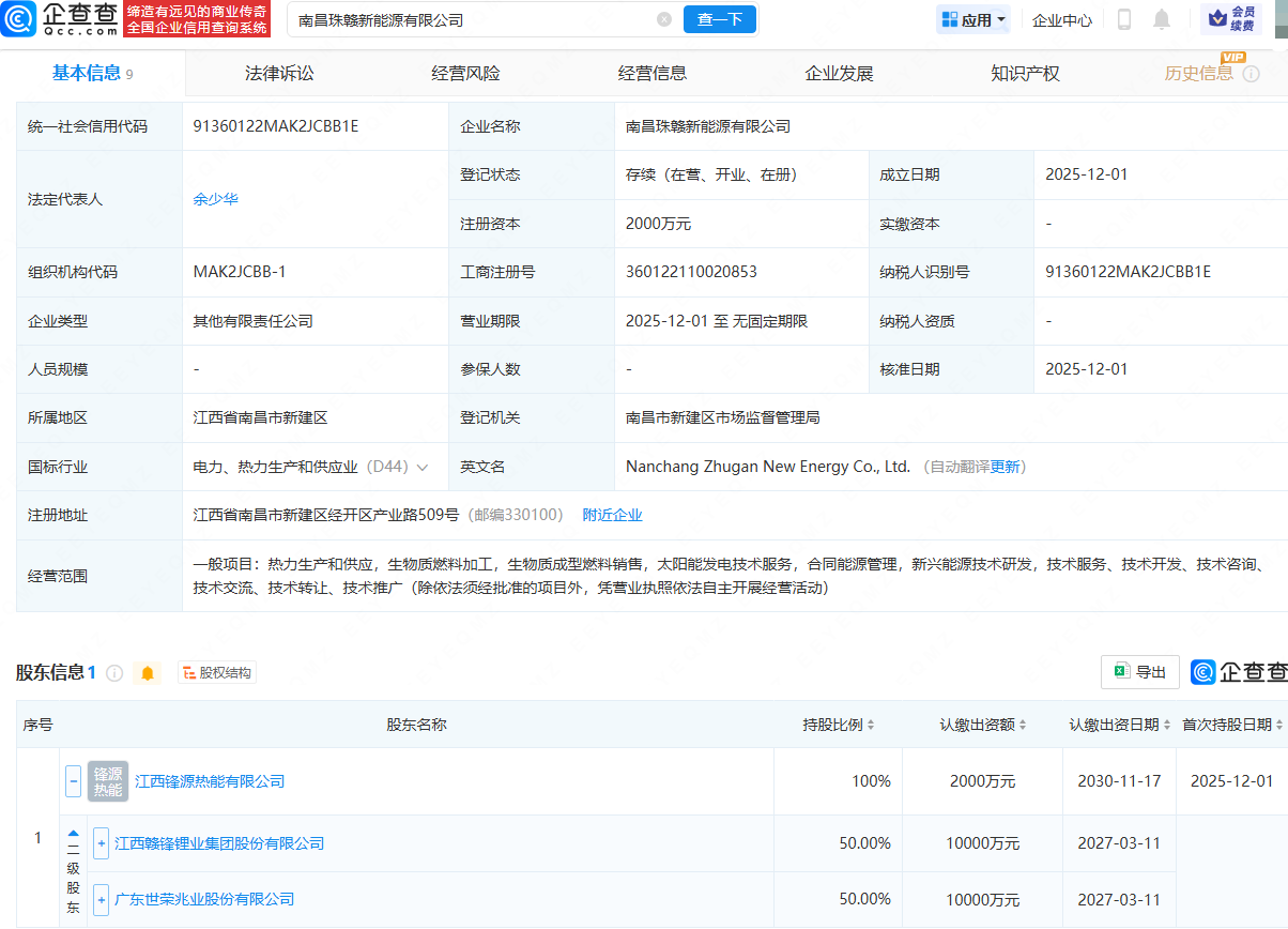 赣锋锂业、世荣兆业成立新能源公司，含热力生产和供应业务