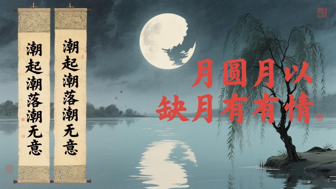 赏析：这幅下联“月圆月缺月有情”与上联“花开花落花无语”形成了巧妙的呼应。上联以