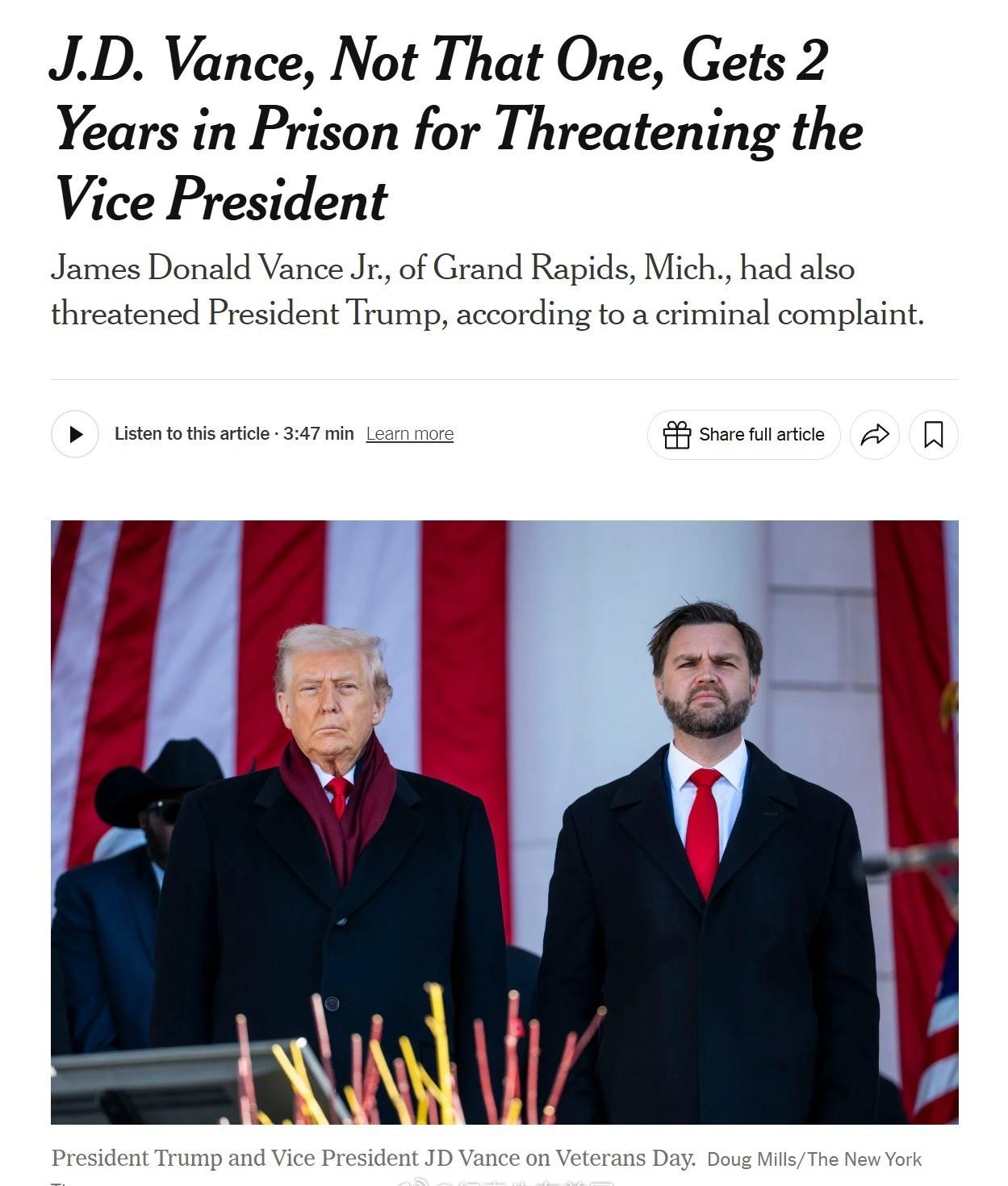 密西根的一名男子JD Vance 因在社交媒体上威胁川普和JD Vance，被判