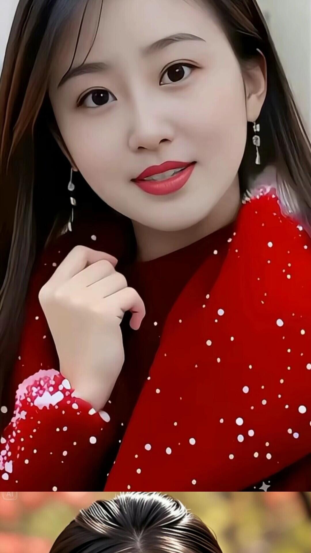 甜美红衣少女，微笑动人，耳畔垂坠，优雅迷人。