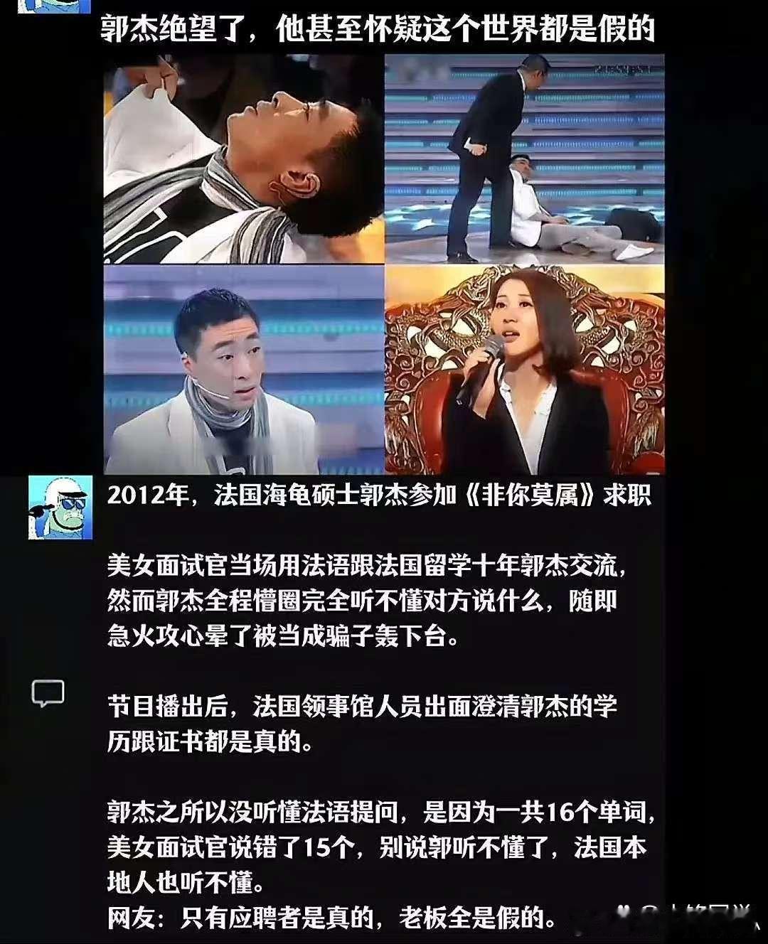2012年求职节目《非你莫属》中发生的著名事件。仙女嘉宾说的16个法语词汇有15