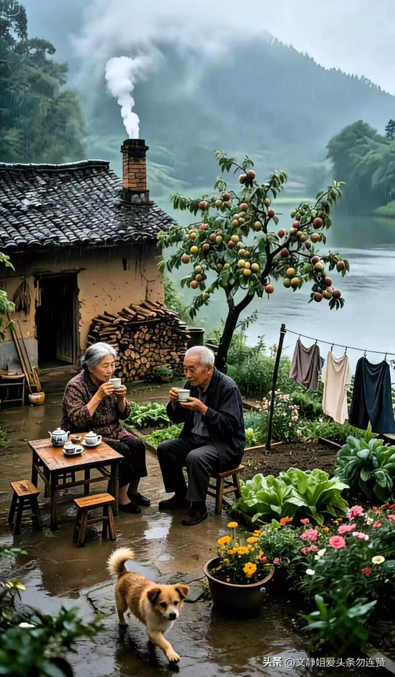 塞鸿秋·山居听雨相守 
疏霖淅沥农家院，
炊烟漫绕青峰畔。
昔年垦圃茅庐建，
风