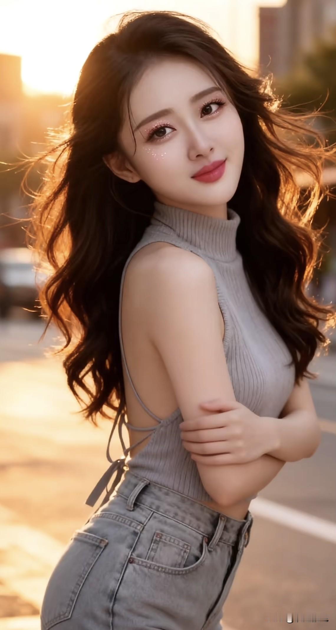 落日余晖下的甜美少女，温柔笑容，散发着迷人魅力。秋日少女照 夜景气质少女 夜景气