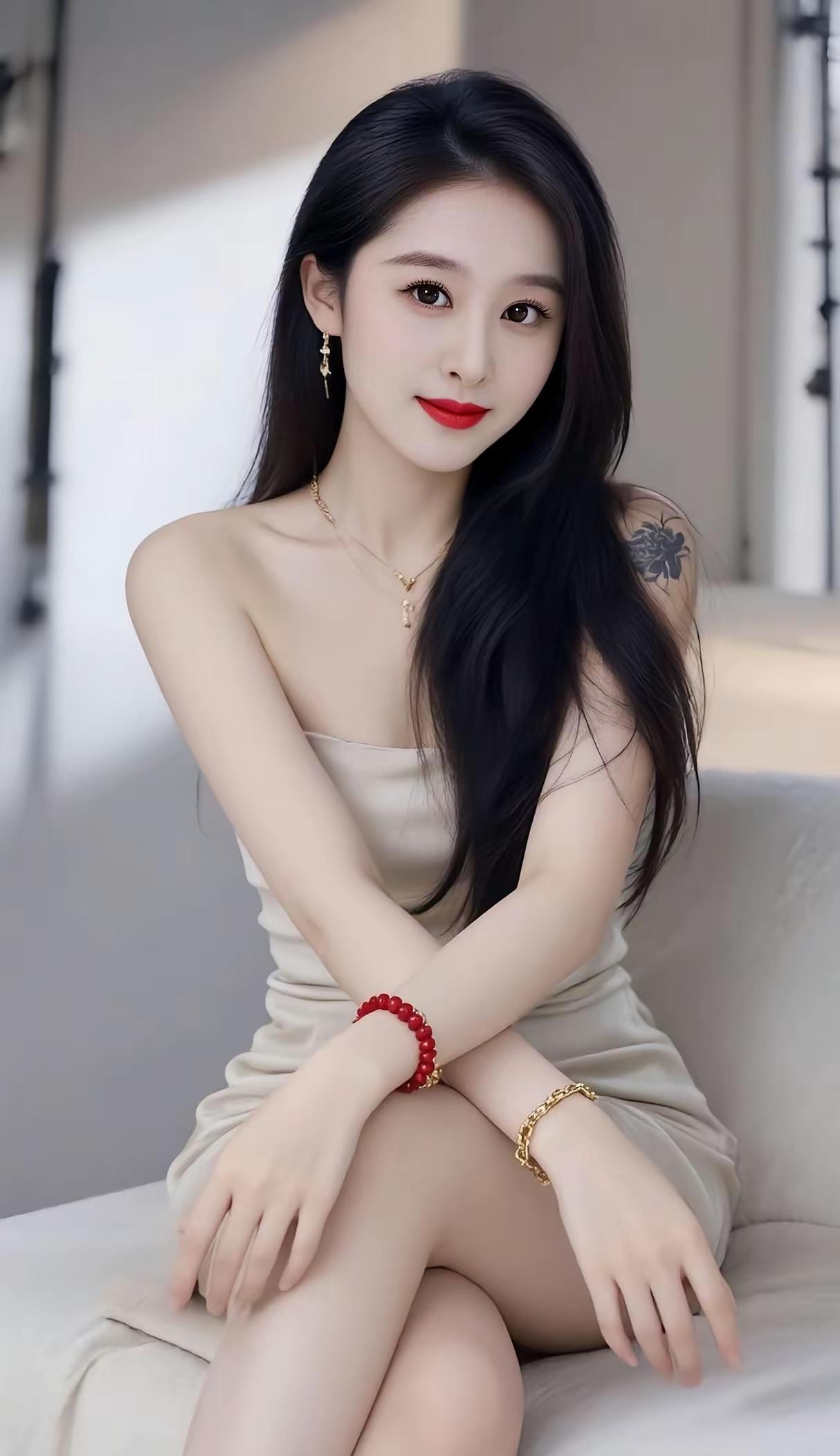 温柔优雅的少女，红唇与黑发相映成趣，尽显迷人魅力。