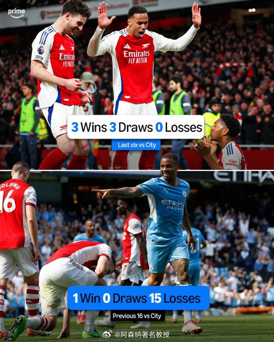 阿森纳在过去六场对阵曼城的比赛中保持不败，此前16次交锋的战绩为... 阿森纳v