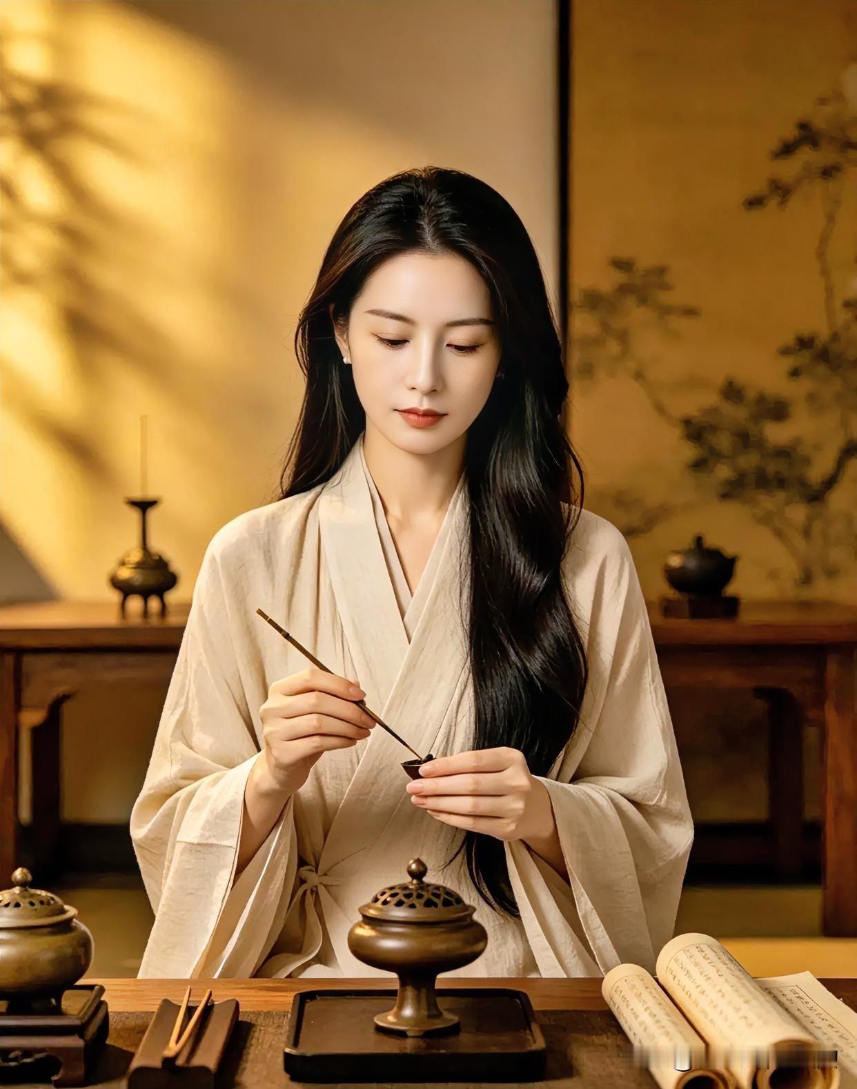 素衣长发，静抚香篆。炉烟袅袅间，卷轴相伴，古意盈室。她以专注之姿，于温润光影里，