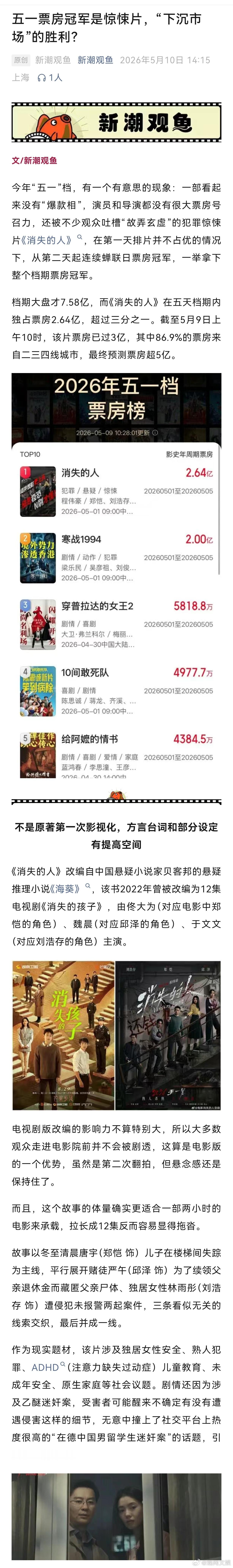 【五一票房冠军是惊悚片，“下沉市场”的胜利？】消失的人为什么能卖座今年“五一”档