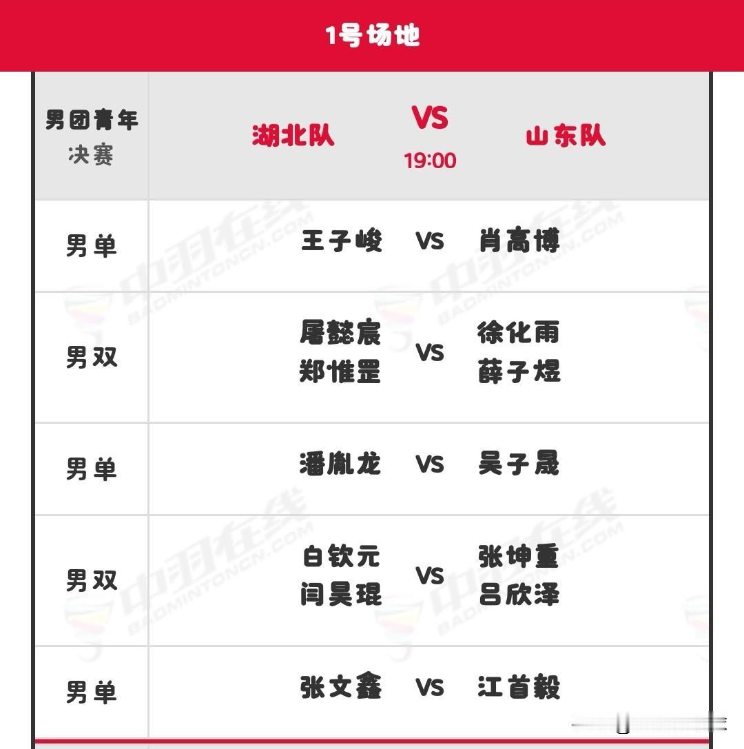 11月13日全运会羽毛球比赛男团青年决赛对阵名单

今天，2025年第十五届全国