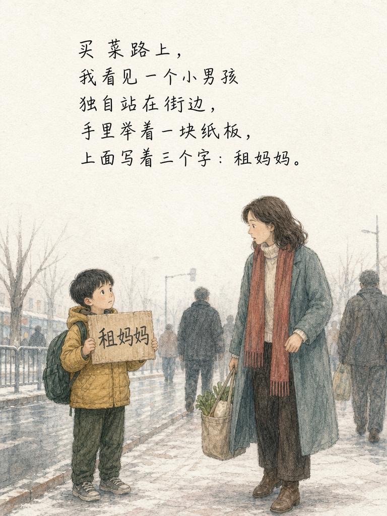 他问我：阿姨，我从没见过妈妈，可以叫你一声妈妈吗？
从那以后，男孩不再需要租妈妈