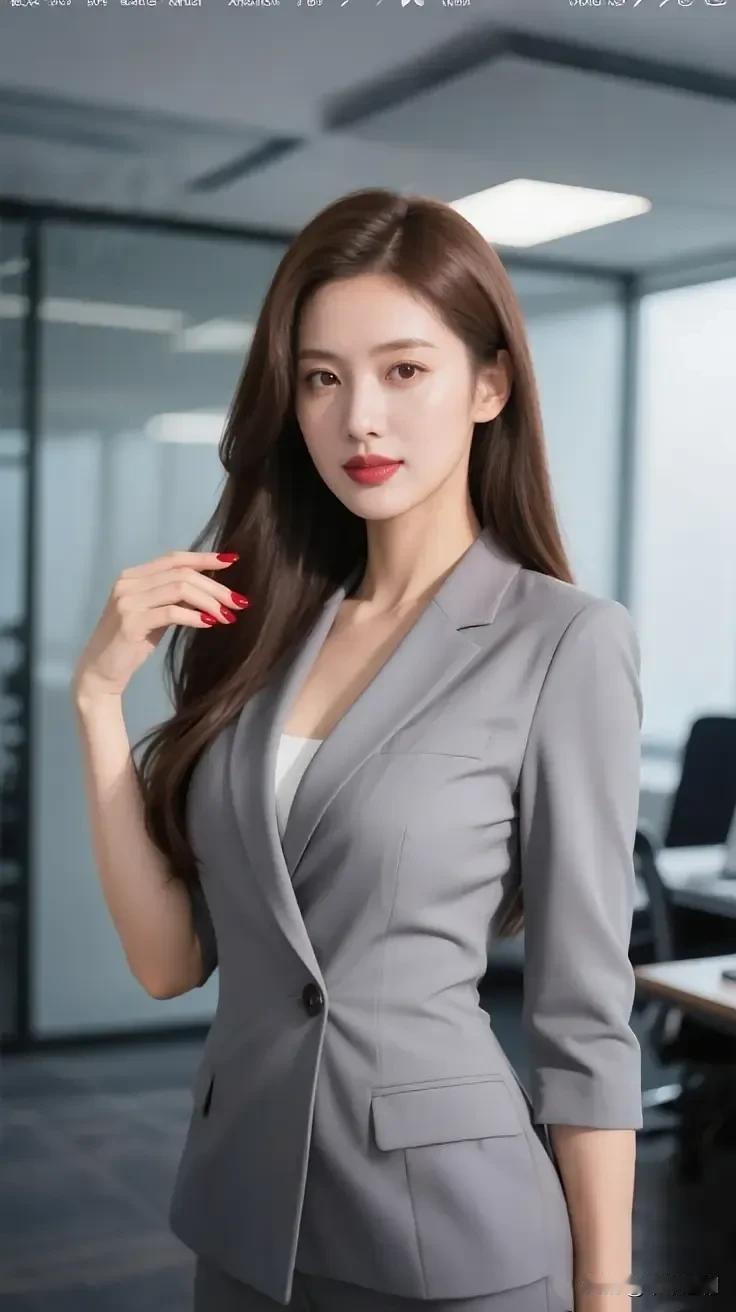 灰西装裁出职场的清，红唇点成柔的甜。指尖红甲碰碎光，连办公间的风都轻成了软的节拍