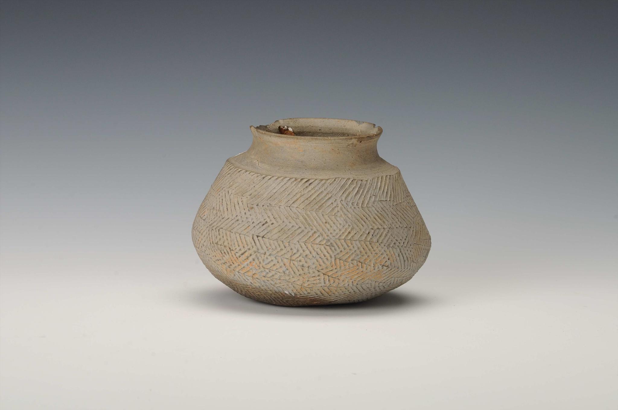 江西省上饶玉山县博物馆藏西周叶脉纹灰陶圆底陶罐 