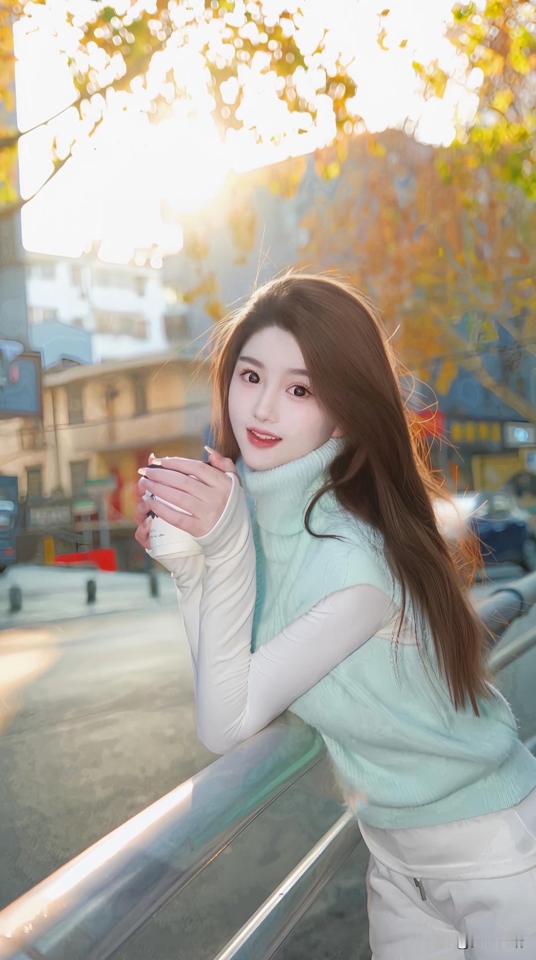 秋日暖阳下，少女倚栏微笑，温柔如画。