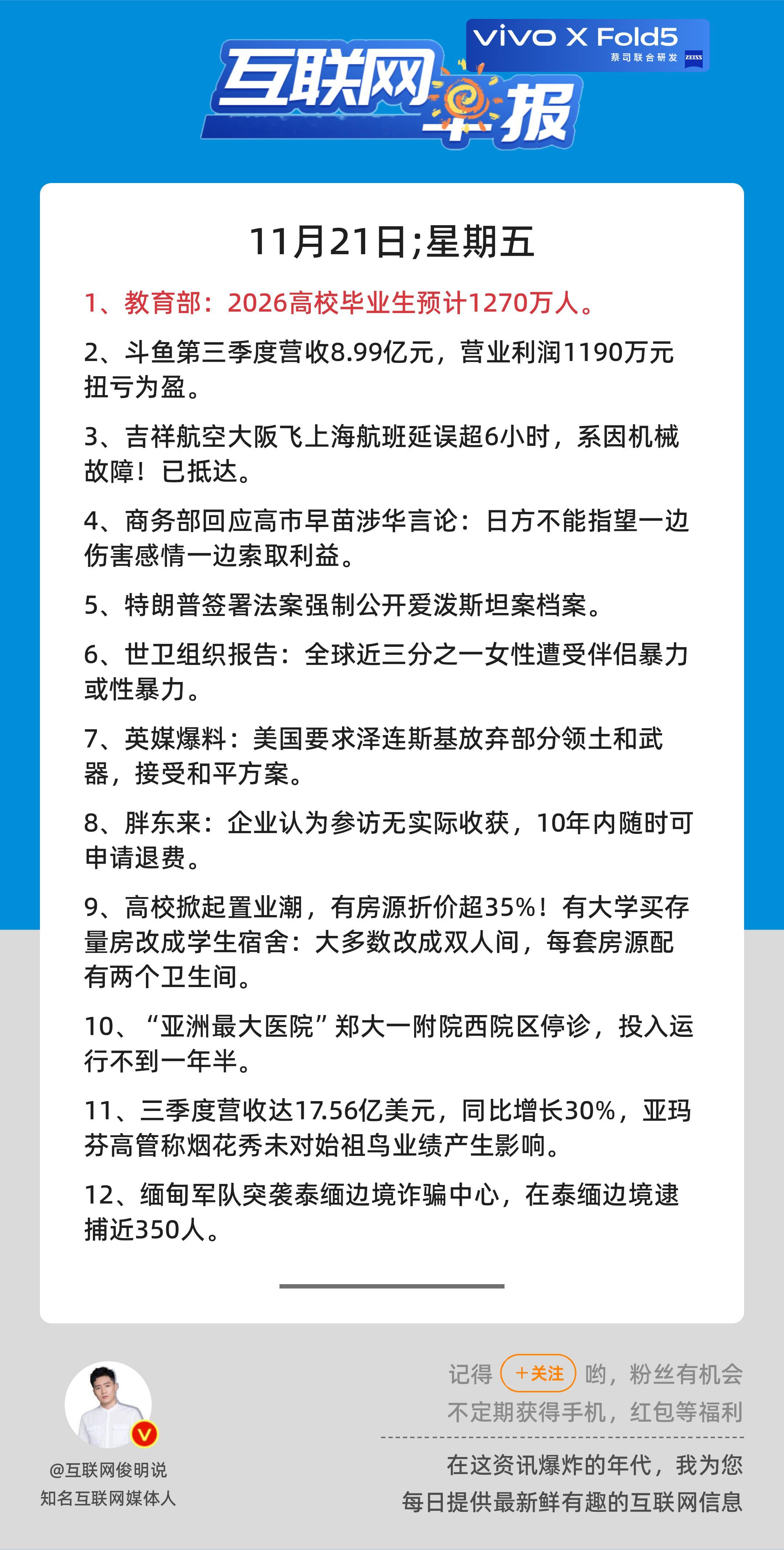 11月21日，星期五，《第2964期》；关心第1条：教育部：2026高校毕业生预