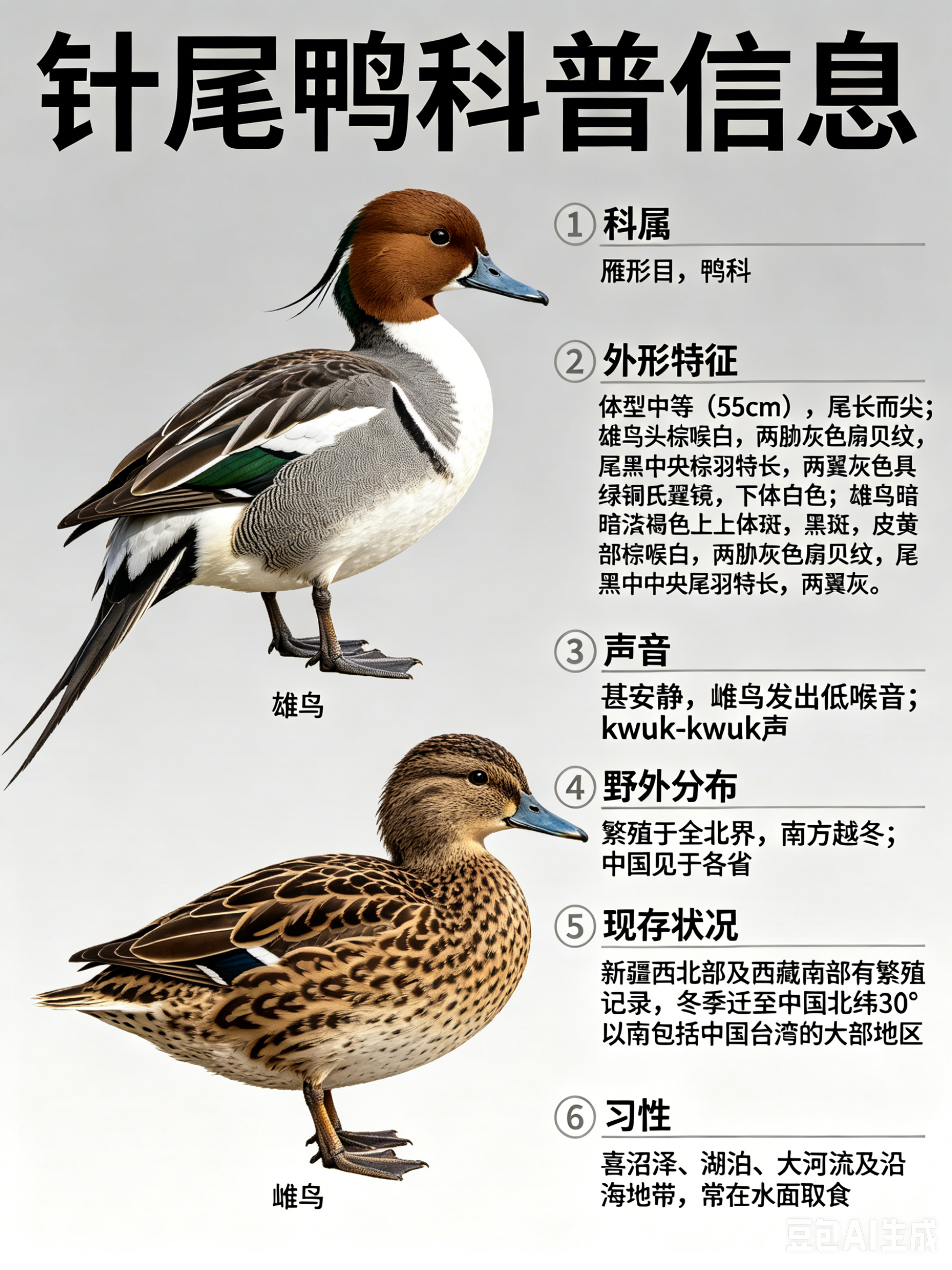 鸟类朋友图鉴 针尾鸭·科属：雁形目，鸭科。·外形特征：体型中等（55cm）的鸭。