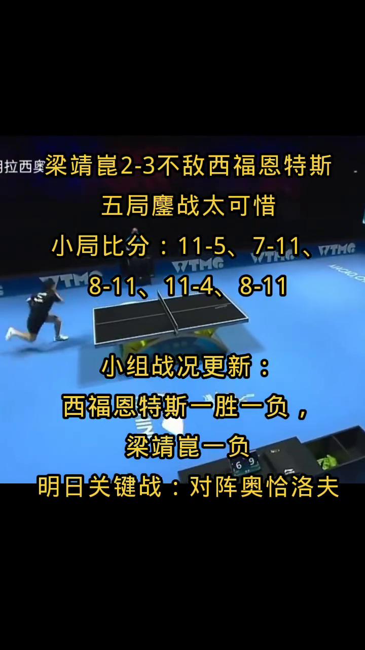 梁靖昆2-3不敌西福恩特斯，五局鏖战太可惜。
小局比分：11-5、7-11。小组