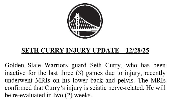 赛斯-库里因伤缺席了最近3场比赛，近期他接受了下背部及骨盆的核磁共振检查，结果确