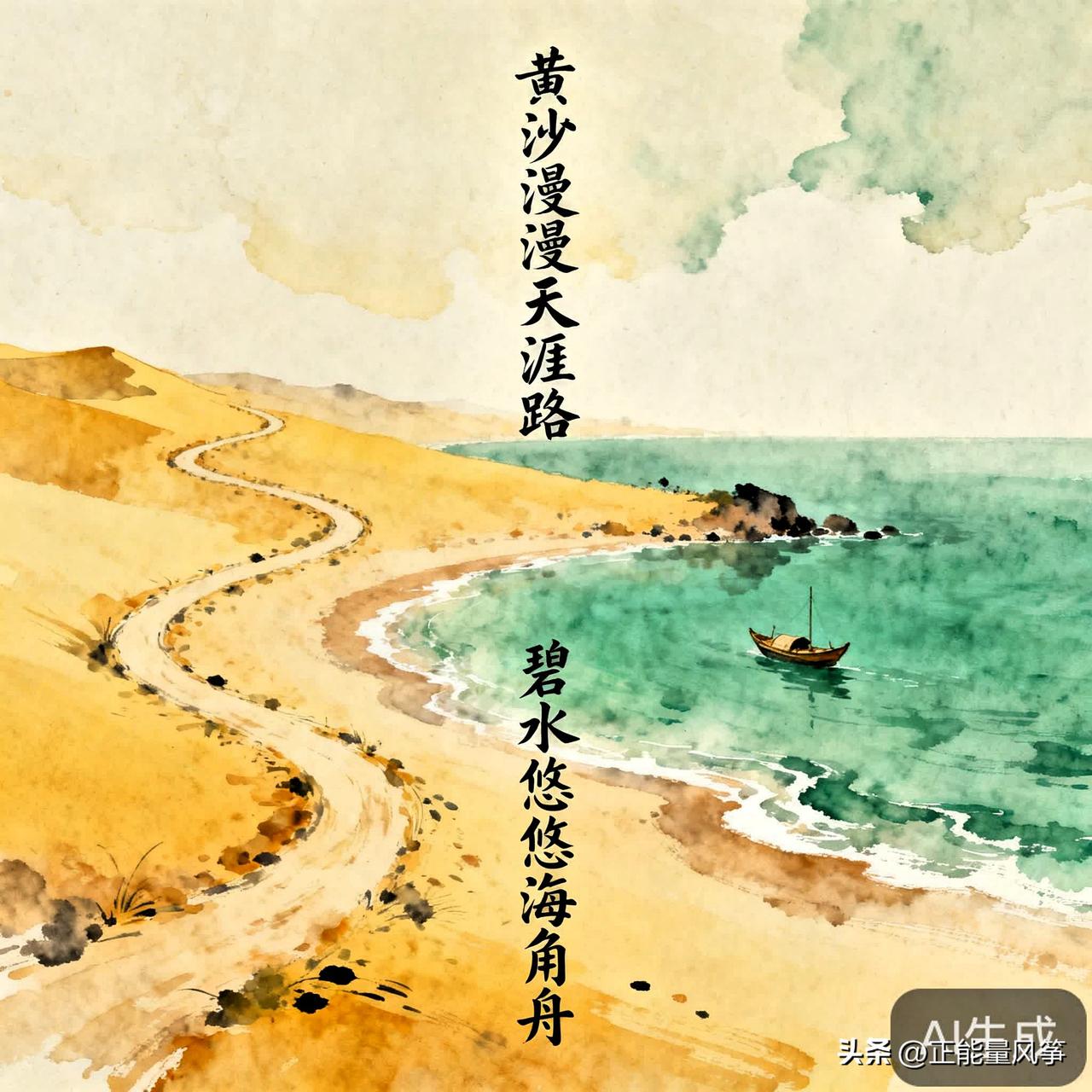 ，
下联：碧水悠悠海角舟 。这幅对联营造的是一幅辽阔苍茫又悠然自得的天地画卷。