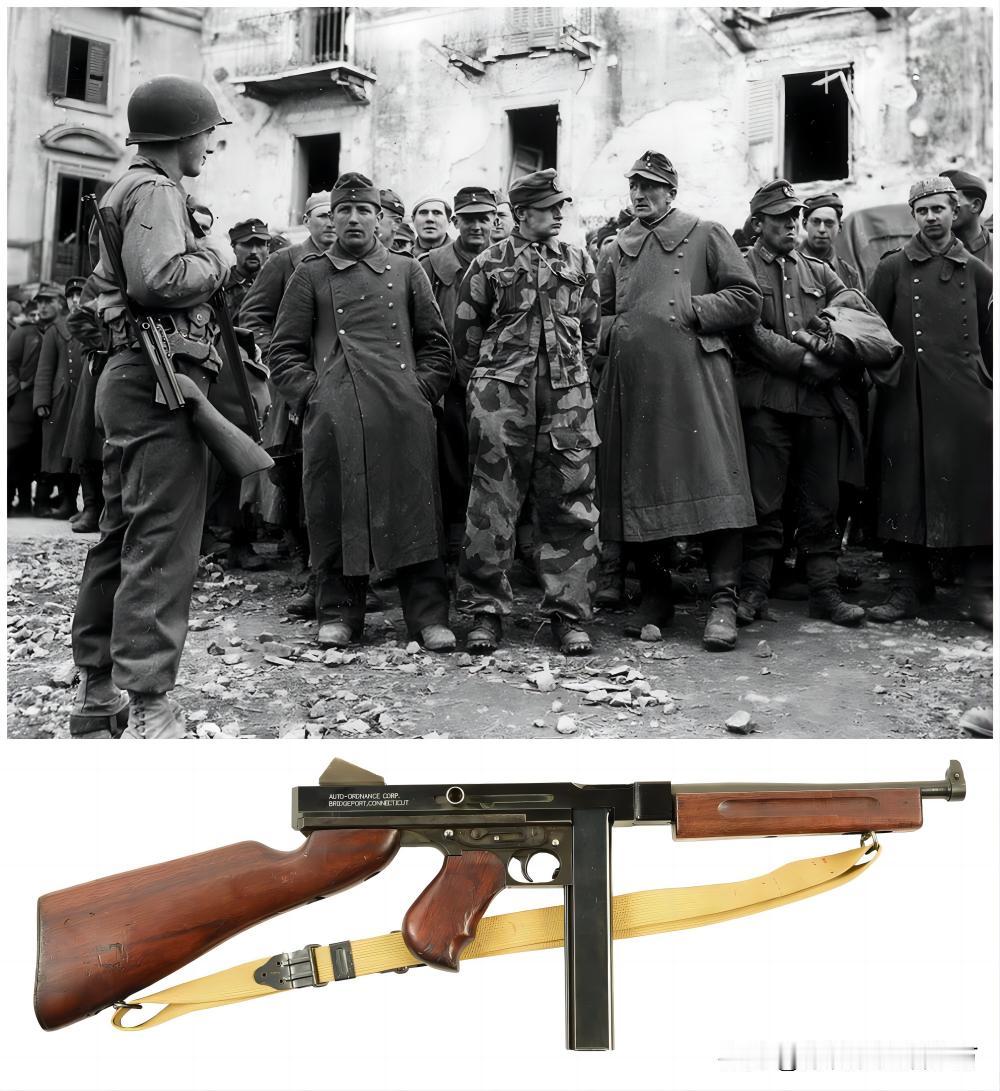 1944年春，第二次世界大战，意大利安齐奥。美军士兵背着一支M1A1冲锋枪，看管
