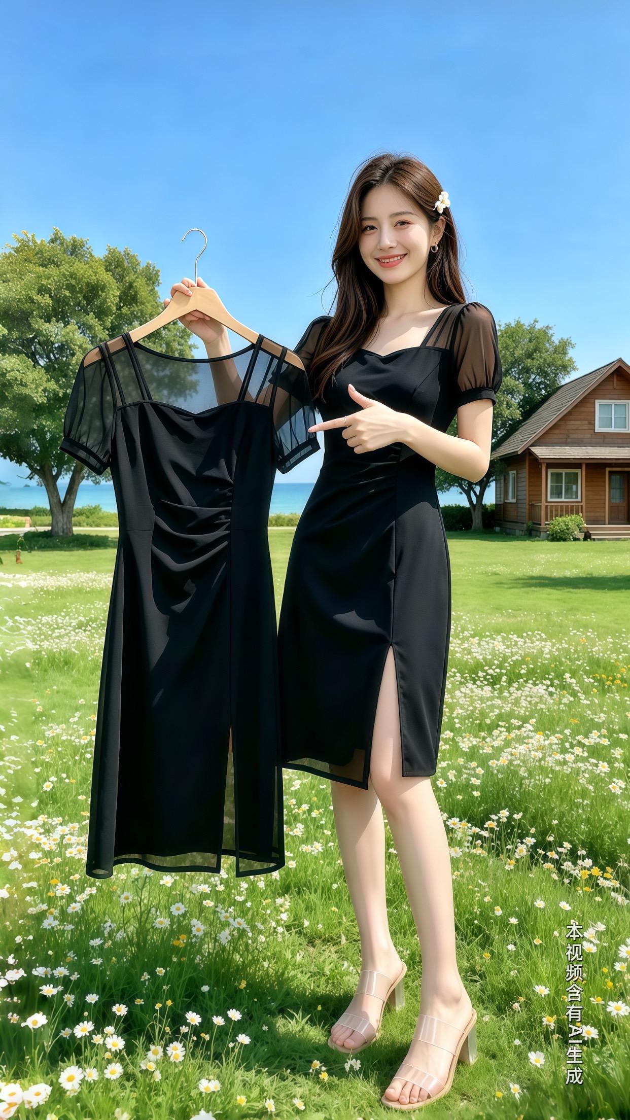 救命！这条黑裙把气质焊在身上了✨。法式方领+微透网纱泡泡袖，恰到好处的...