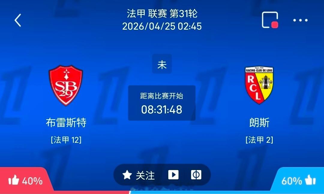 【足球】周五012法甲方向：布雷斯特vs朗斯法甲 布雷斯特 VS 朗斯比赛时间：