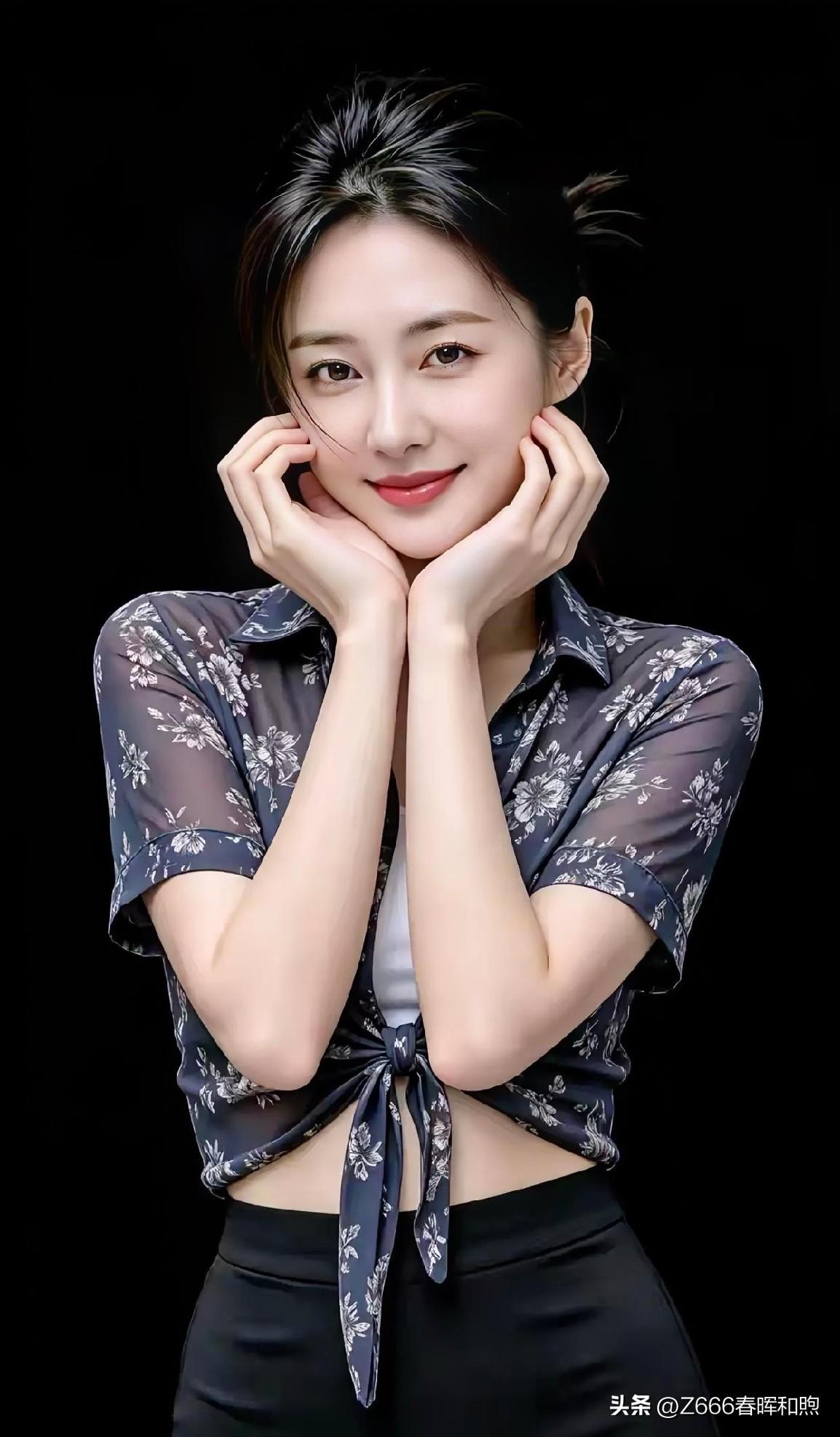 【七绝·花影倩姿】

碎花半透遮春色，

素手托腮笑意柔。

墨发轻扬眉目秀，