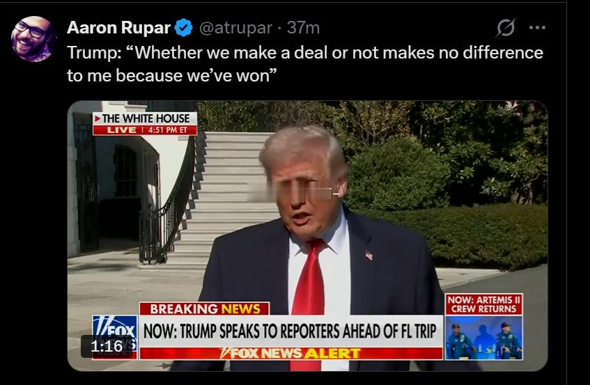 川普：达成协议与否对我来说都无关紧要，因为我们已经赢了。 