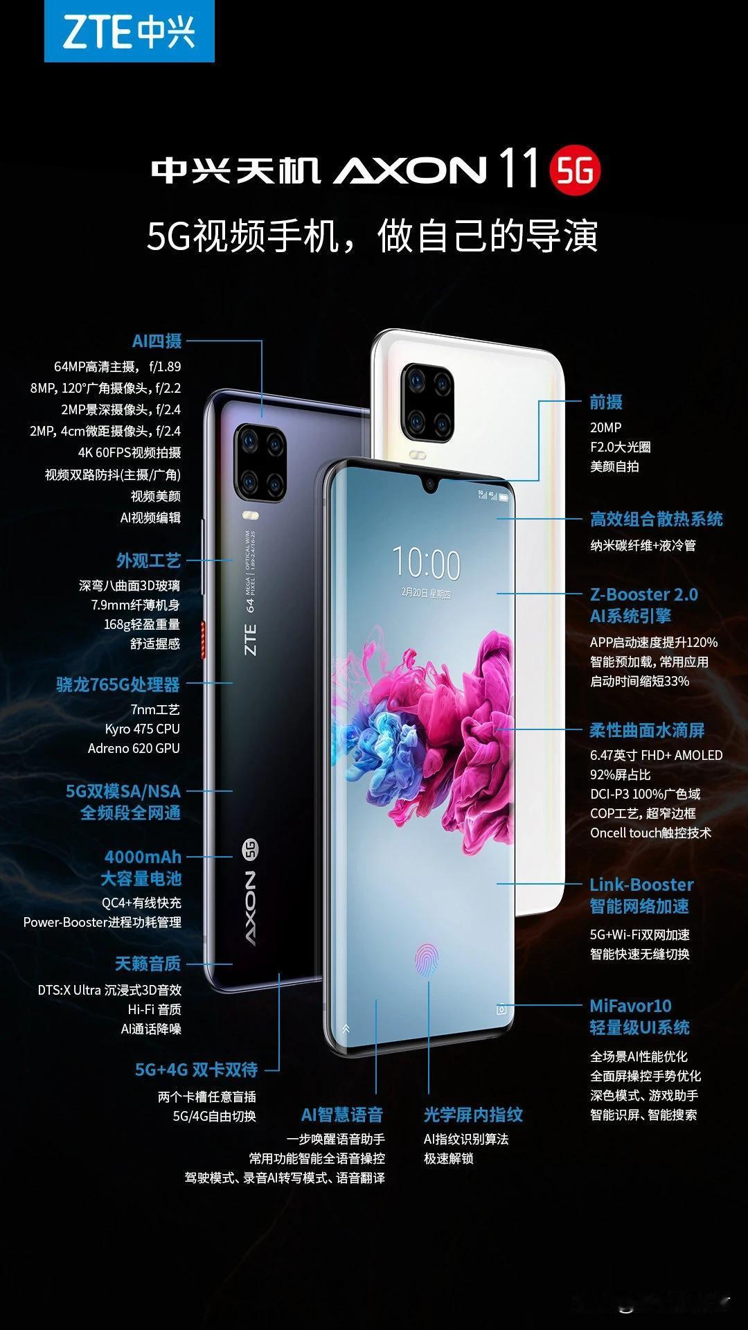 中兴Axon 11发布，主打视频拍摄

设计上前面板为OLED曲面水滴屏，后背板