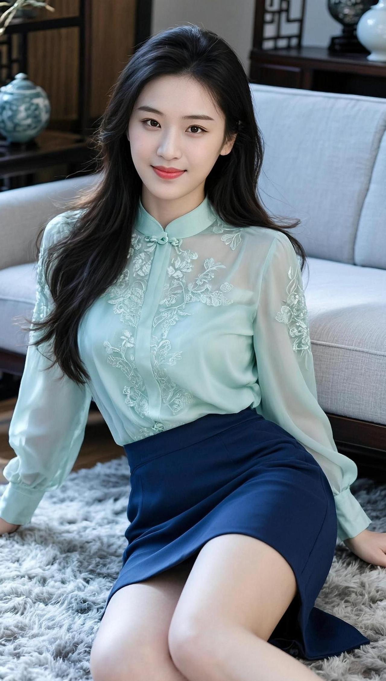 在柔和的光影中，她仿佛是画中走出的温婉女子，一袭淡雅的衣裳诉说着静谧的故事。背景