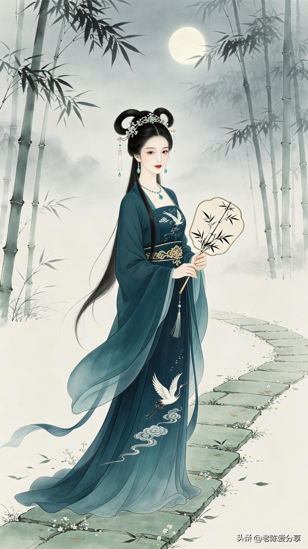 鹧鸪天·竹林月影

翠袖轻摇月满襟，竹风拂面夜沉沉。
云裳绣鹤凌波去，玉扇含烟入