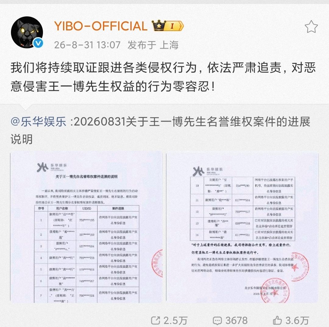 乐华公布王一博告黑最新进度！
某家天天蹦跶的脂粉大黑号纷纷在列！
从脂粉大黑号纷