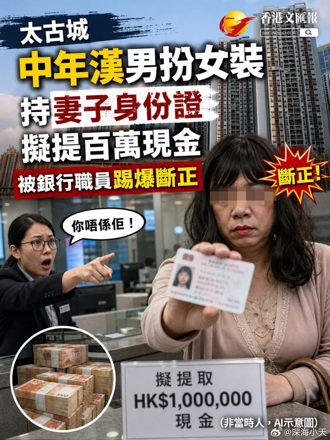 香港61岁男子扮女装，持妻子身份证拟提百万现金被银行职员踢爆今日(22日)中午1