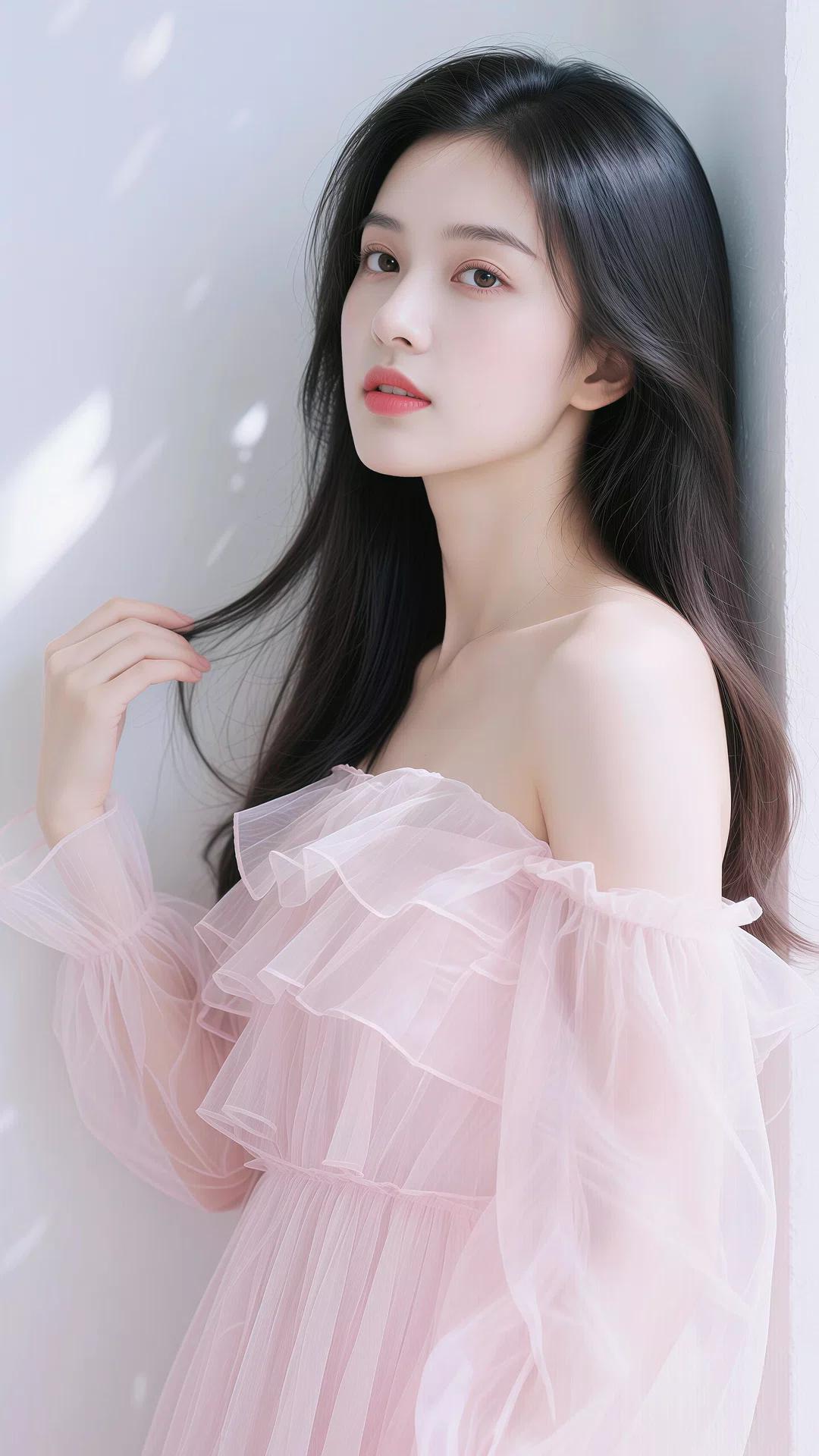 《粉色纱裙少女》
在柔和的光线下，一位年轻女子宛如从梦幻中走来。她的长发乌黑亮丽