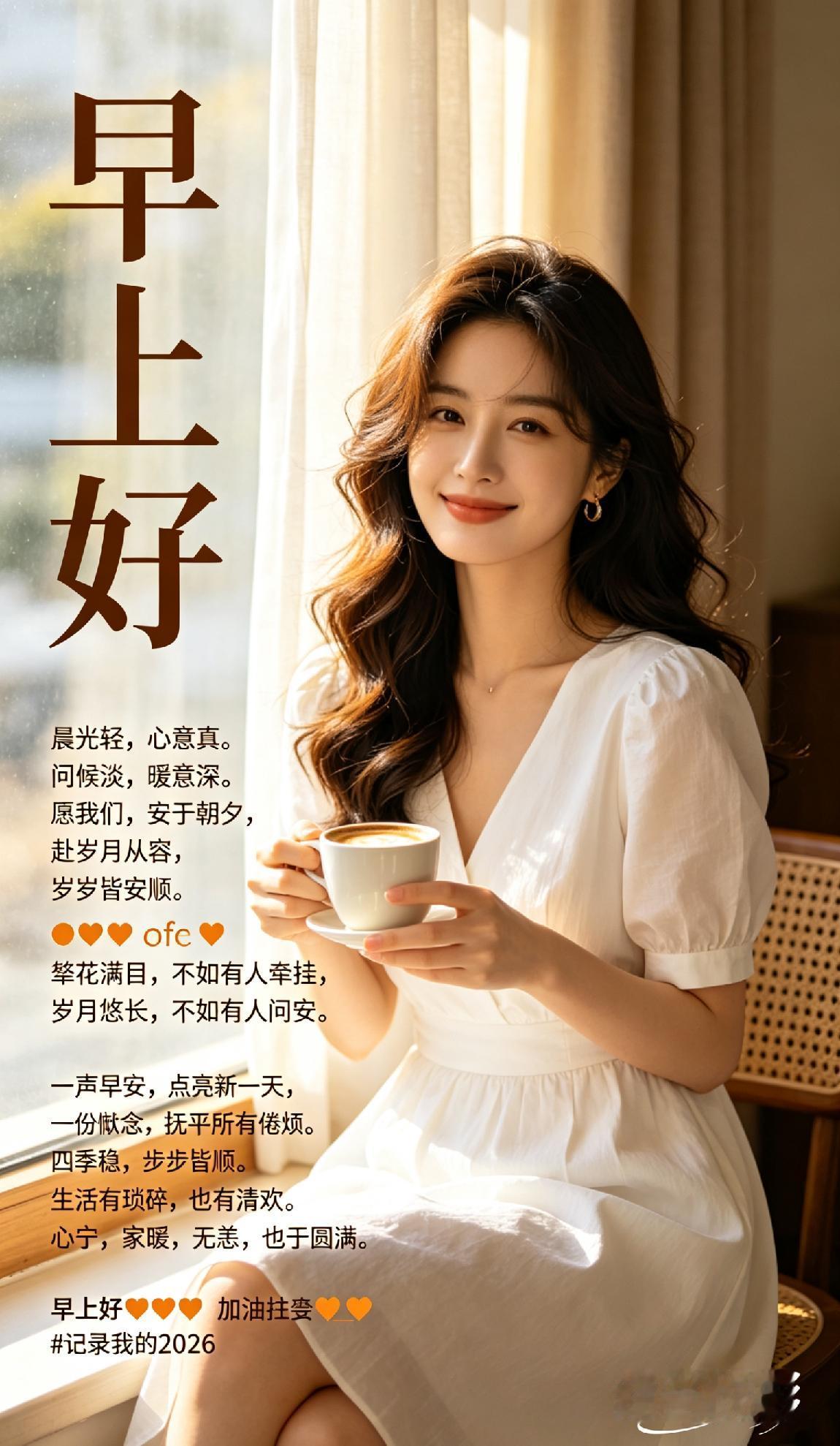 🌹 早上好 🌹
晨光轻，心意真。
问候淡，暖意深。
愿我们，安于朝夕，
赴岁