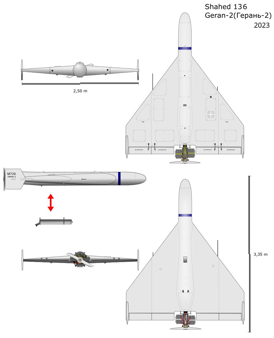 沙赫德136采用三角翼布局，机长3.5米，翼展2.5米。可以携带40或者50kg