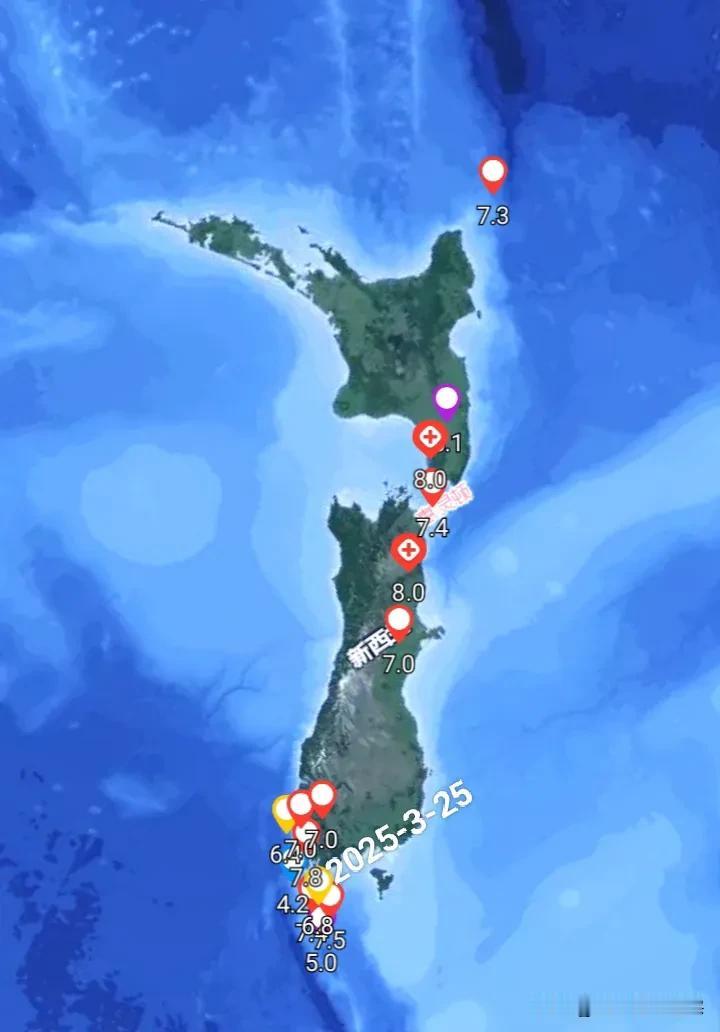 突发6.8级地震快讯，25日09时43分在新西兰南岛西南岸远海域发生6.8级地震