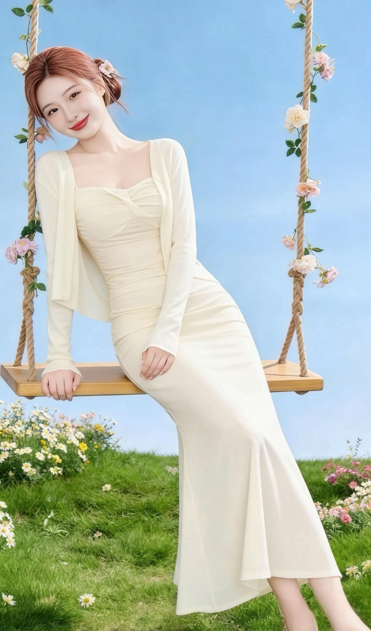🌿 春日秋千篇
她坐在缠绕着粉白蔷薇的木质秋千上，背景是澄澈蓝天与开满小雏菊的