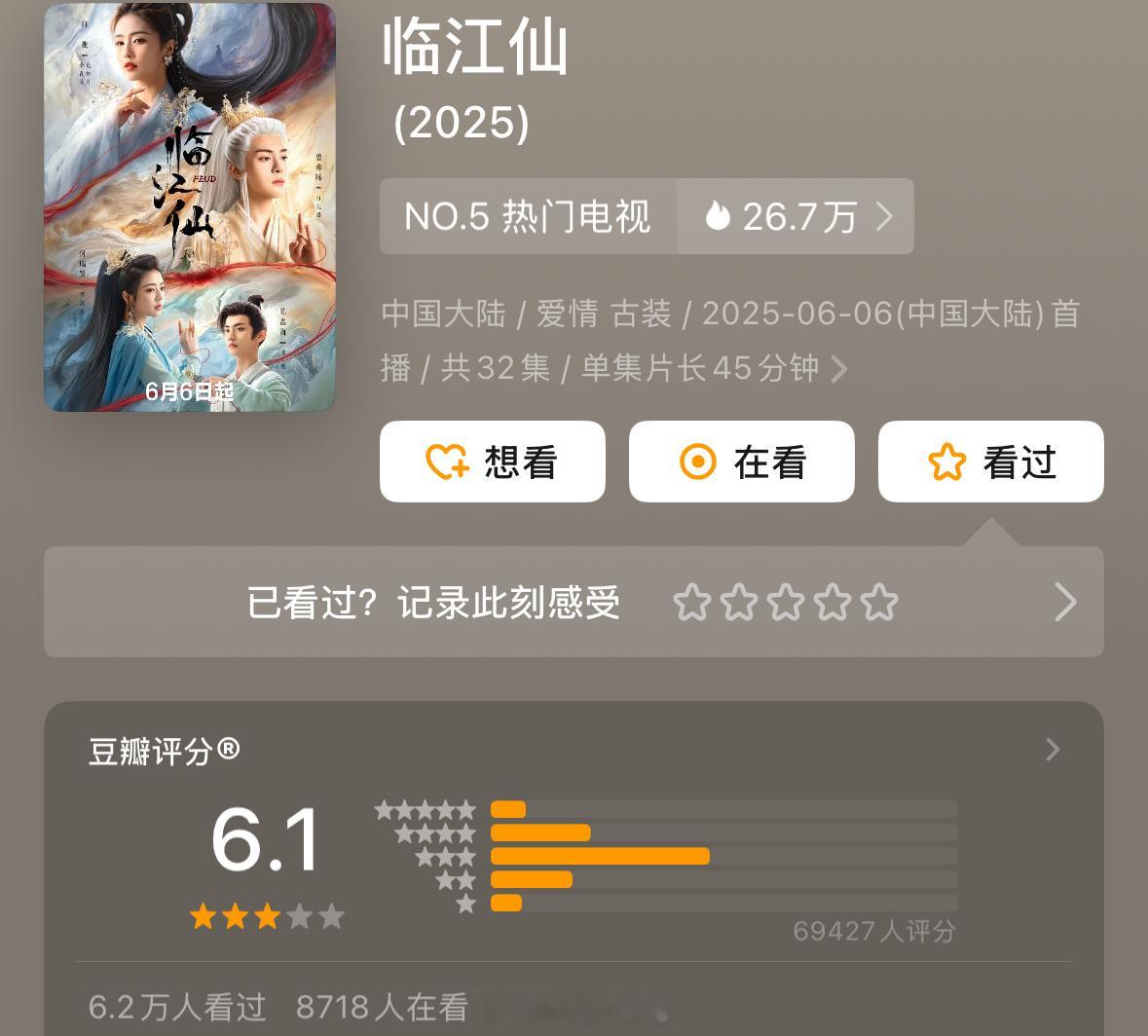 白鹿曾舜晞临江仙豆瓣开分6.1分，你觉得高了还是低了呢？[思考] ​​​