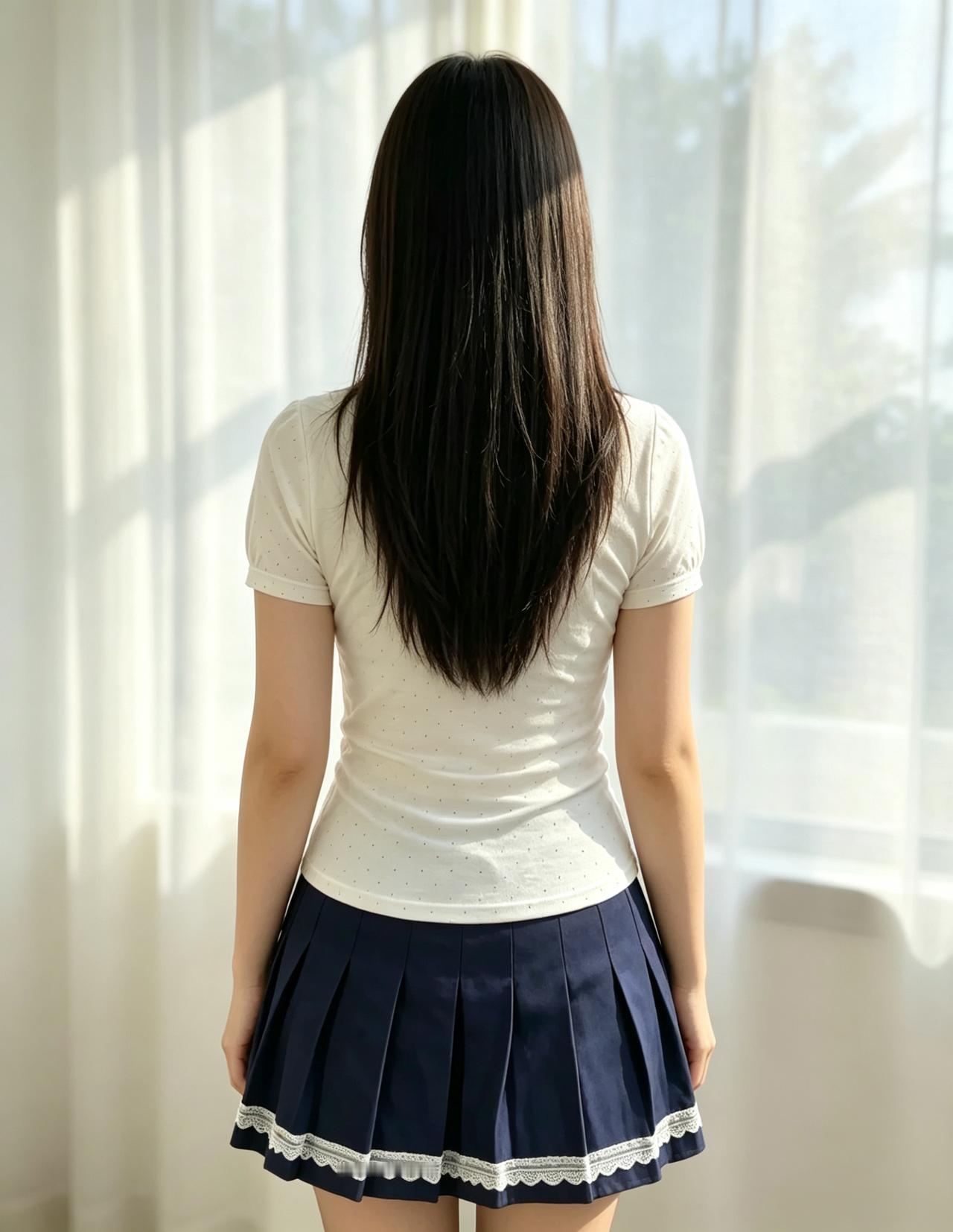 青丝垂素背，清靥漾春柔。
浅衫凝雅韵，百媚自风流。
