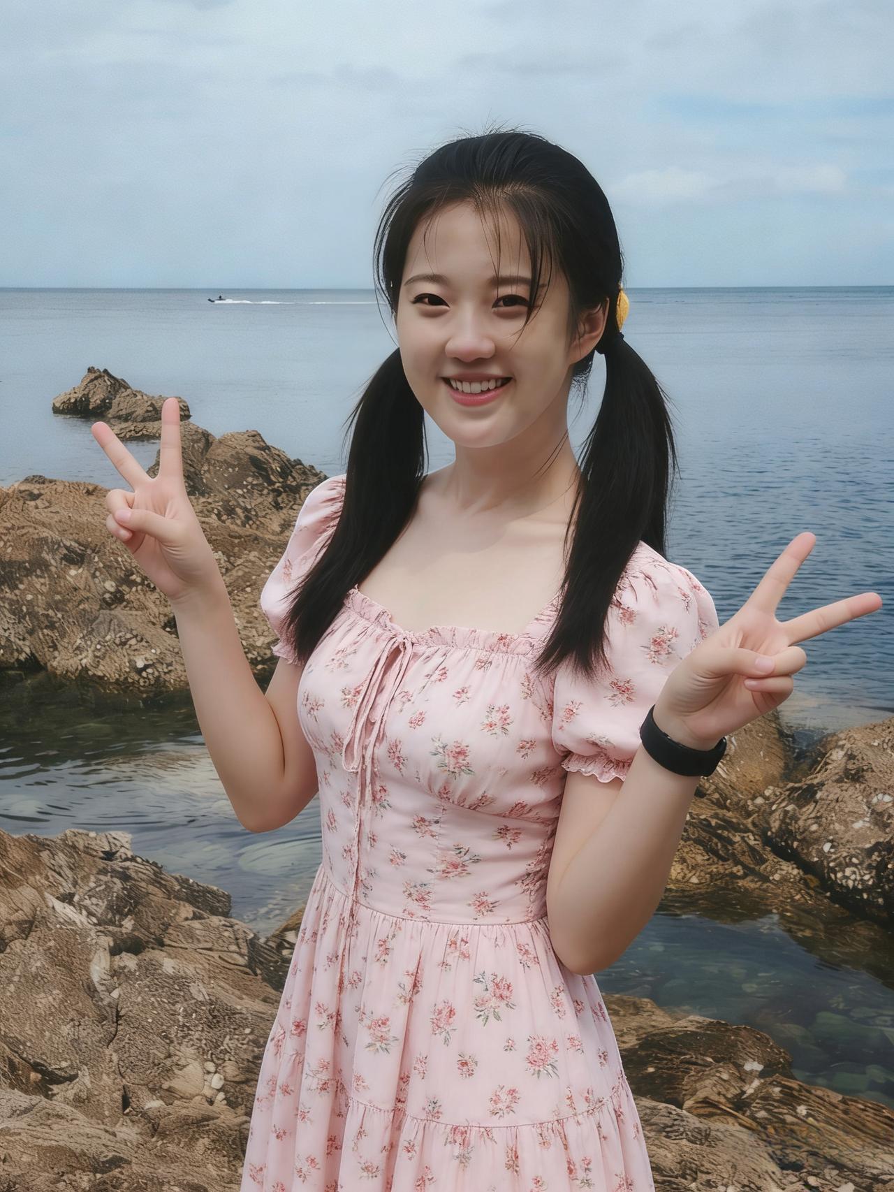 粉裙摇曳映沧波，笑靥如花照海涡。
莫道蓬山千万里，人间自有好山河。