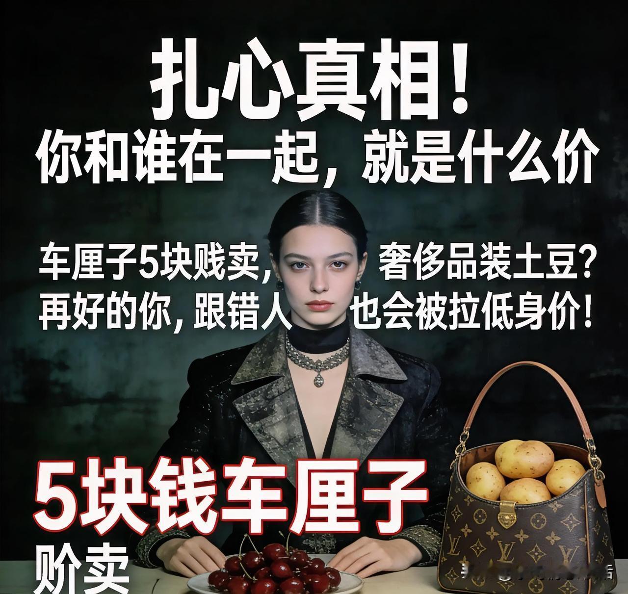 扎心真相！和谁相伴，便有怎样的身价。
车厘子贱卖仅5块，奢侈品用来装土豆。即便你