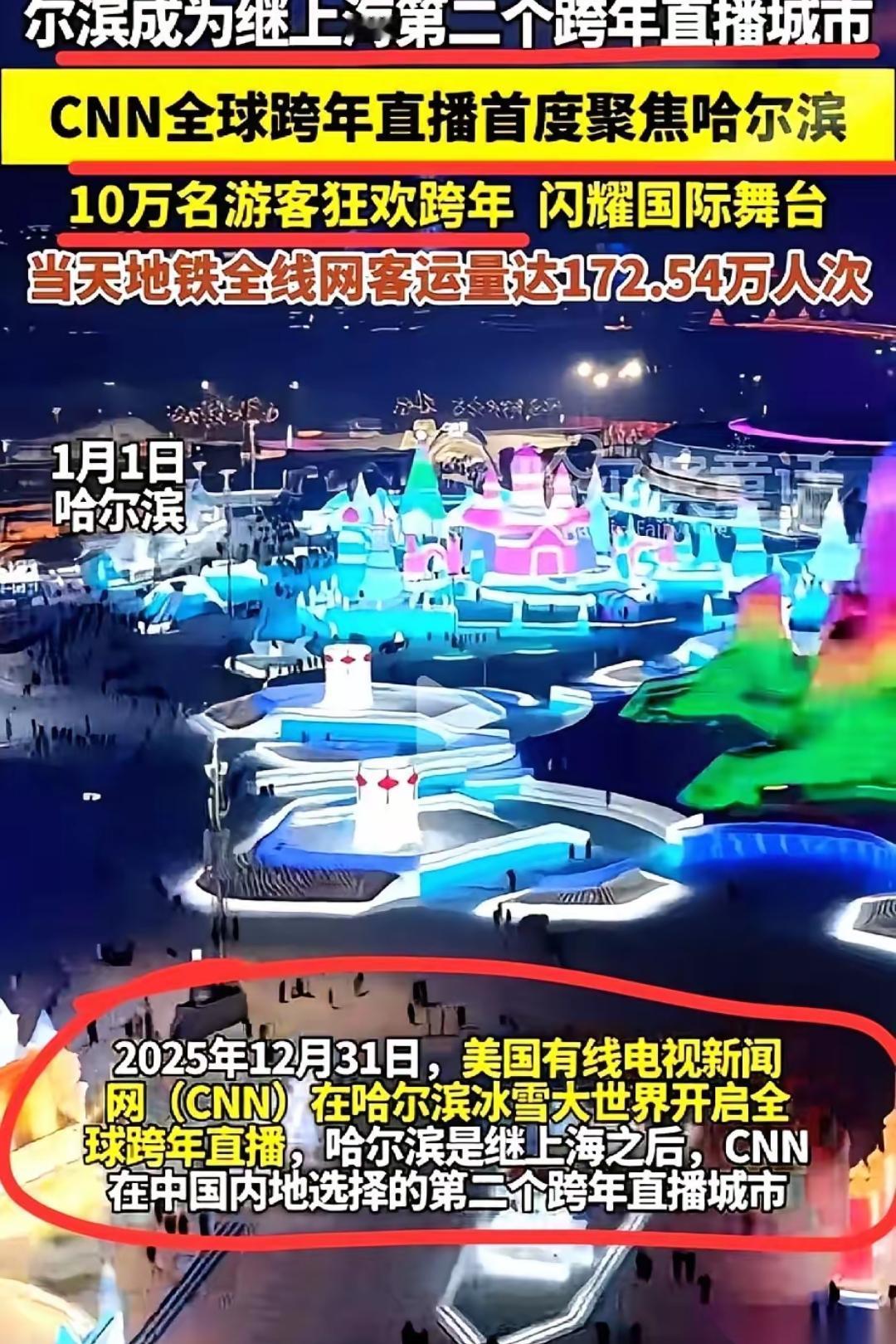 很多人都不知道，哈尔滨冰雪大世界跨年夜，美国CNN的直播团队，悄悄把镜头架在了零