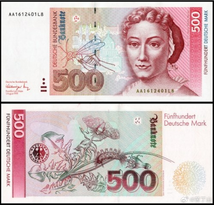 德国马克，500面值，1991年版。正面是梅里安，植物学家，昆虫学家，科学插花家