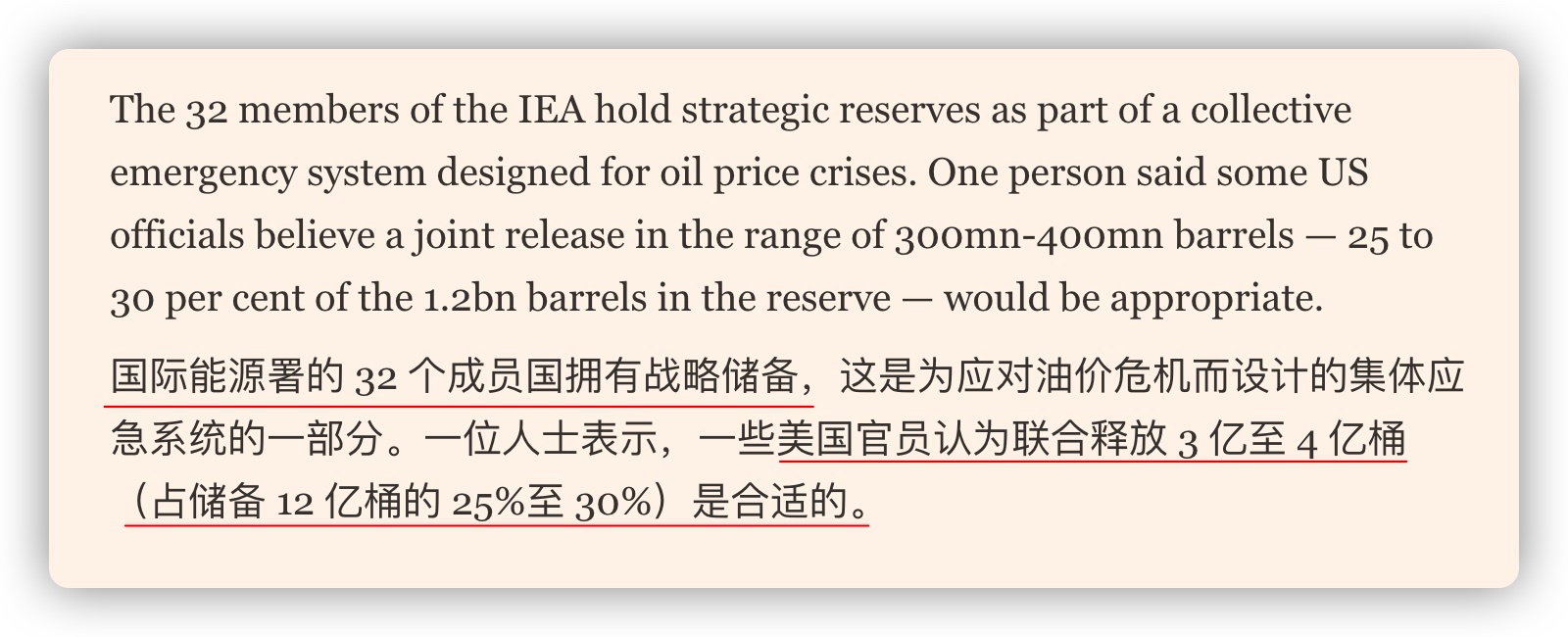 国际能源署计划释放出3-4亿桶的石油储备，这是有史以来规模最大的石油储备释放。 
