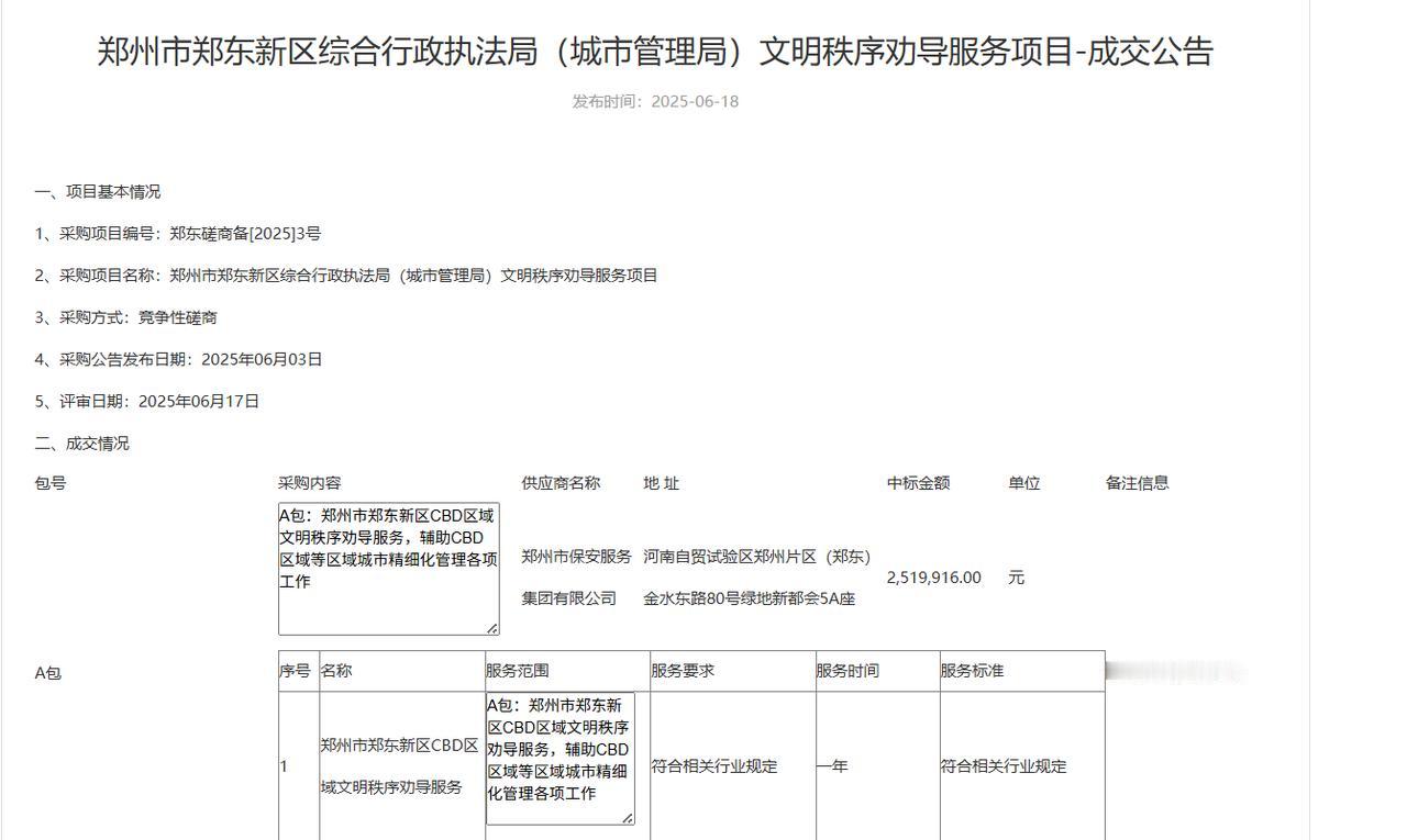 城市观察员郑州市郑东新区综合行政执法局（城市管理局）文明秩序劝导服务项目成交，该