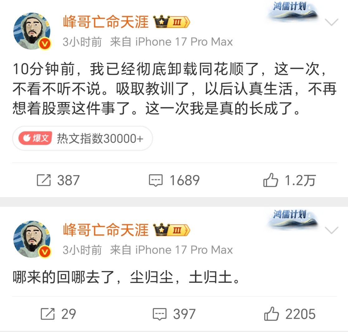 峰哥卸载同花顺了太好了，我的股票终于涨了，不然我真的受不了，感谢峰哥远离A股，远