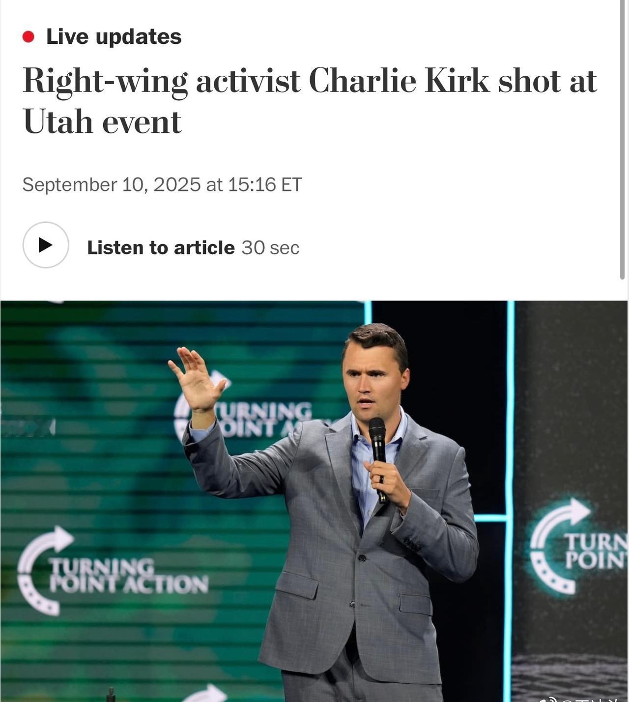 年轻保守派组织的联合创始人查理·柯克（Charlie Kirk）周三在犹他谷大学