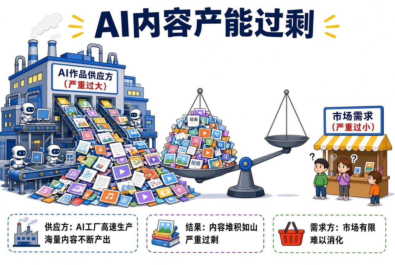 普通人靠AI图文、视频、音乐根本赚不到养家钱

AI生产产能过剩，内容行业养家糊