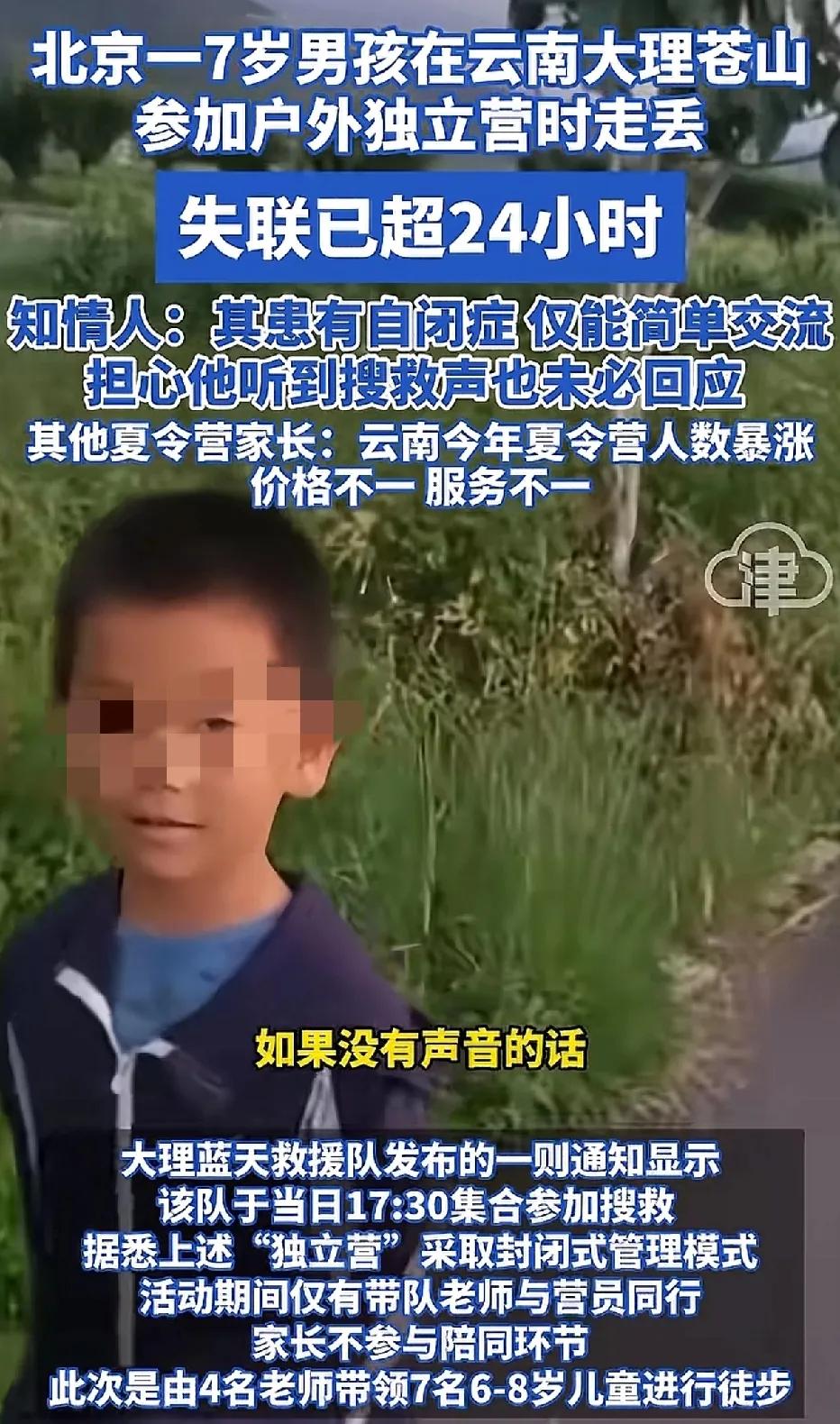 云南大理苍山走失的，北京七岁男孩，是一名自闭症儿童，只能简单的与人对话。

男孩