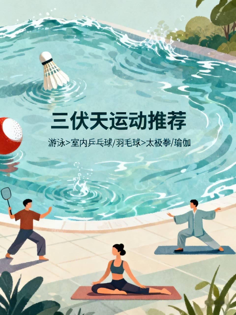 首選，游泳；其次，室內乒乓球和羽毛球；再次，太極拳和瑜伽，可以調養身心。