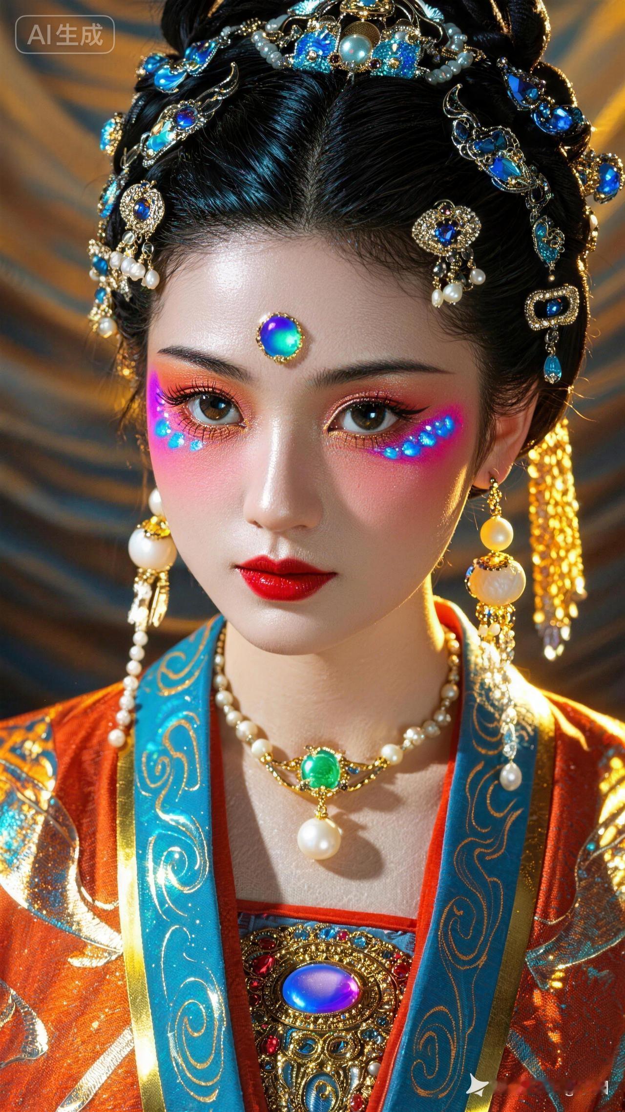 梦幻古风妆容，蓝宝石发饰，惊艳红唇，复古华丽！